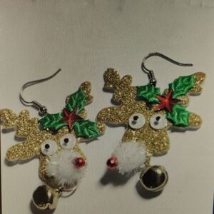 Santa Reindeer Gold Bells Gold Glitter Earrings